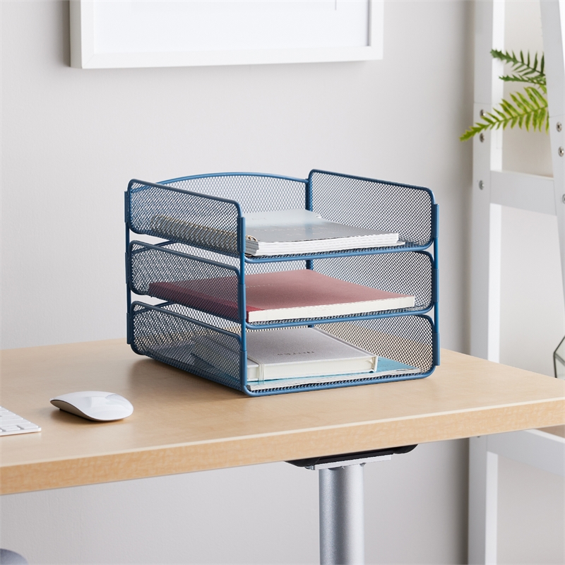 Safco Onyx 3 Tray Steel Metal Desk Organizer in Blue Finish