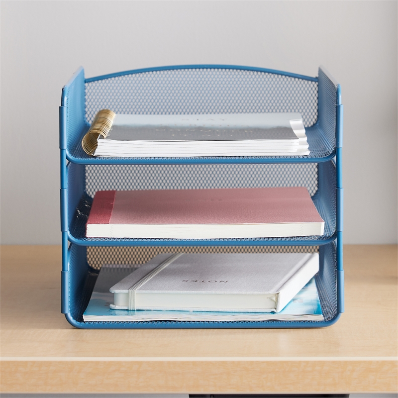 Safco Onyx 3 Tray Steel Metal Desk Organizer in Blue Finish