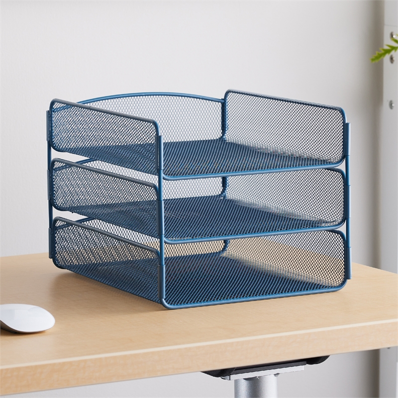 Safco Onyx 3 Tray Steel Metal Desk Organizer in Blue Finish
