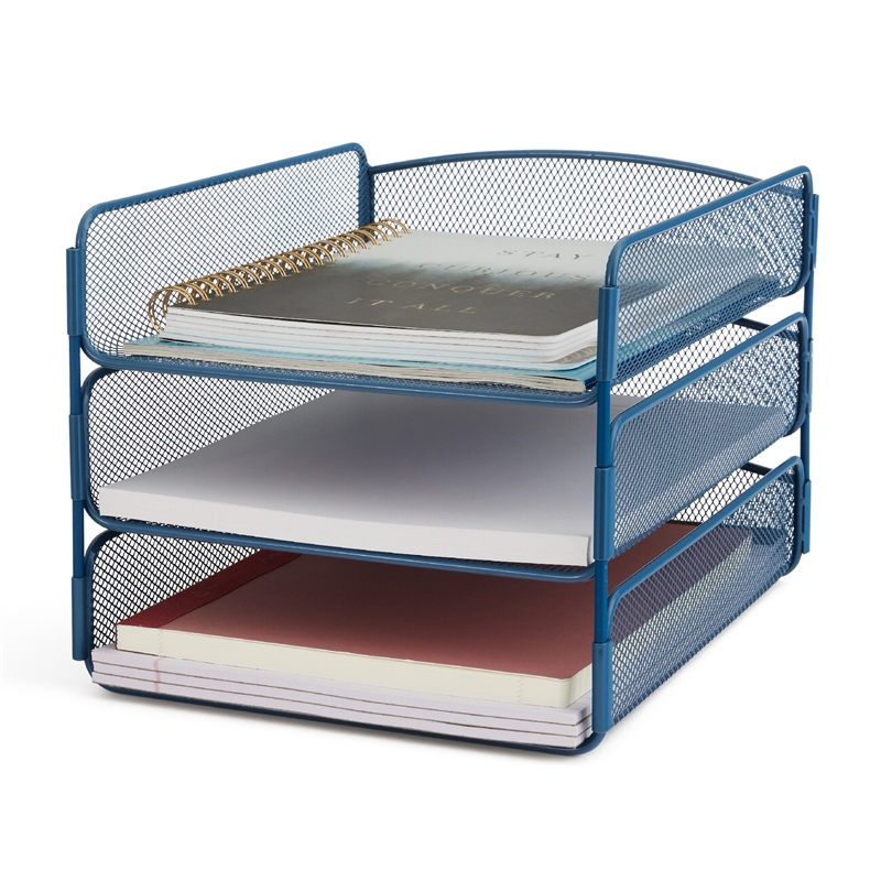 Safco Onyx 3 Tray Steel Metal Desk Organizer in Blue Finish