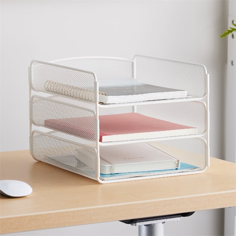 Safco Onyx 3 Tray Steel Metal Desk Organizer in White