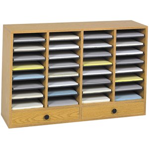safco medium oak wood adjustable 32 compartment file organizer with drawer