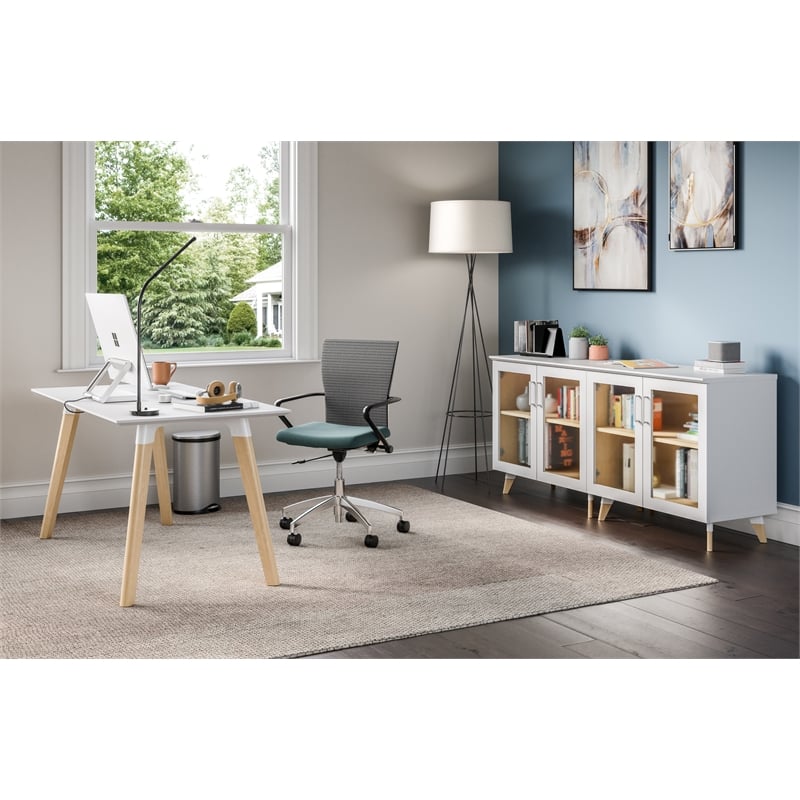 Resi Modern White Multi Level Wood Storage Cabinet With Glass Doors