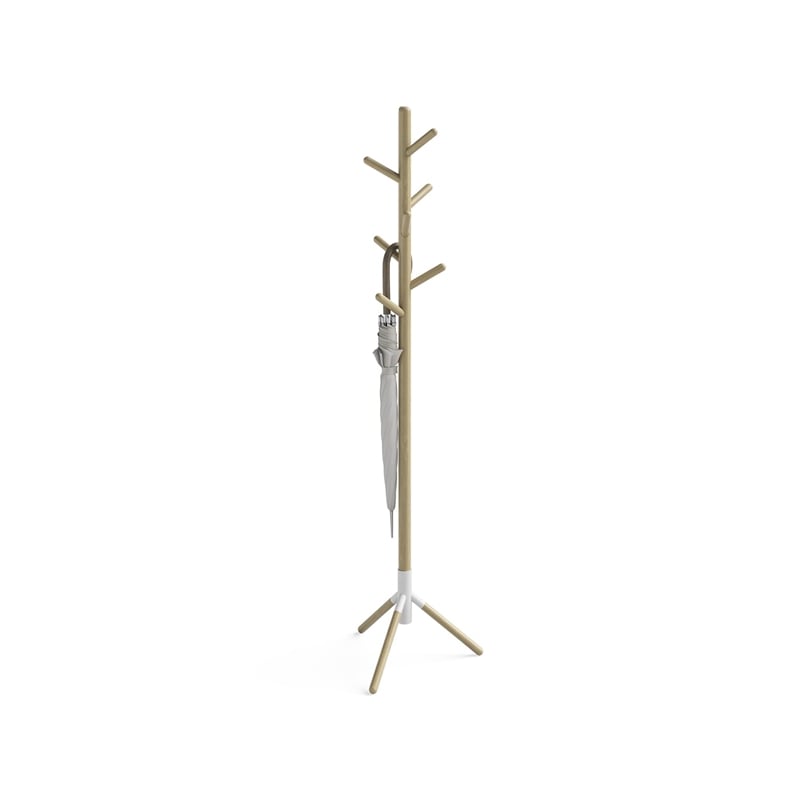 Resi Standing Coat Tree White Powder Base Natural Wood Pole
