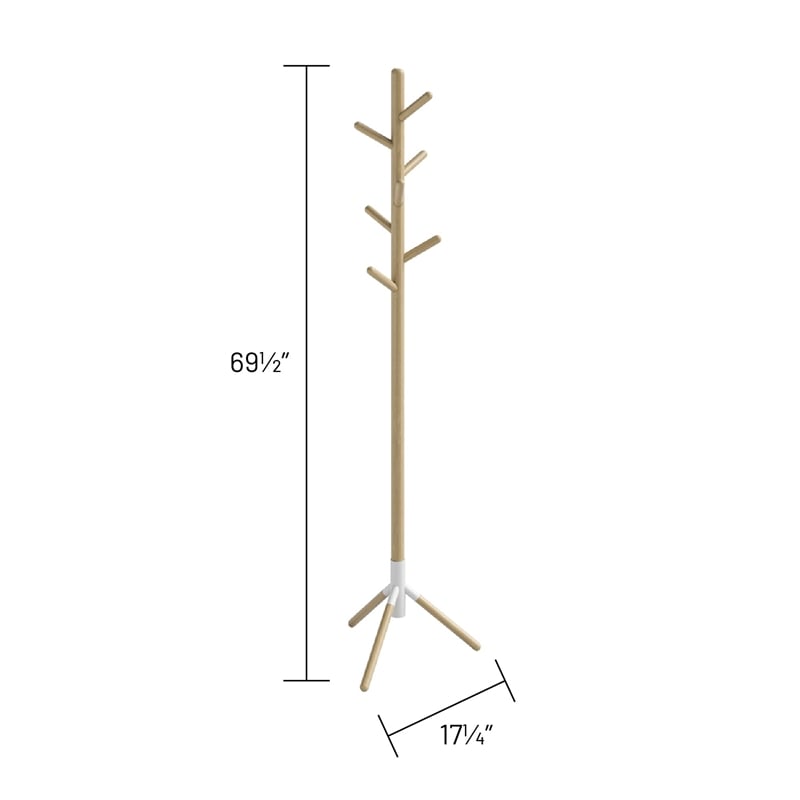 Resi Standing Coat Tree White Powder Base Natural Wood Pole
