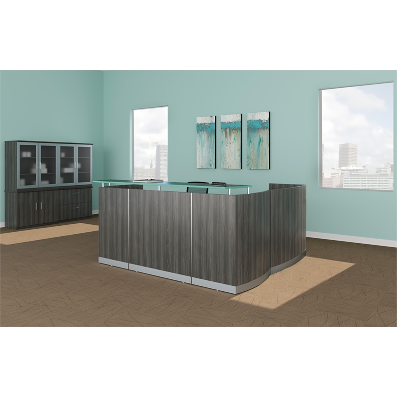 Safco Medina L-Shaped Reception Station with Pedestals in Gray Steel