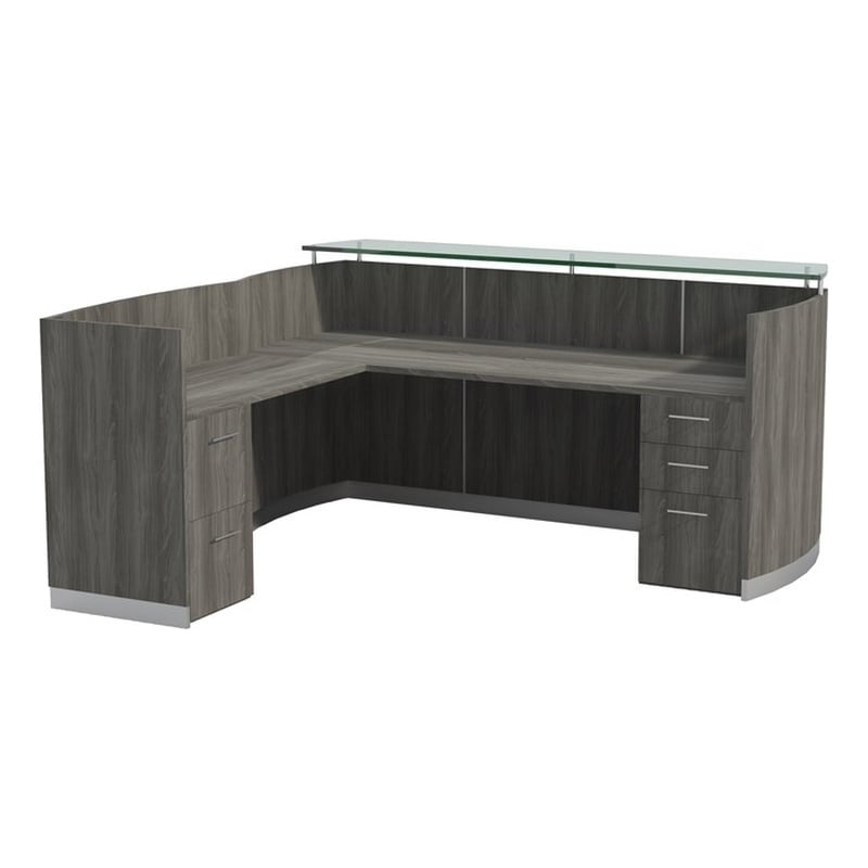 Safco Medina L-Shaped Reception Station with Pedestals in Gray Steel