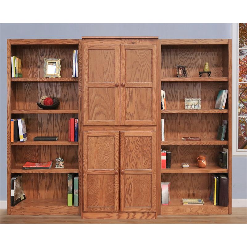 Traditional 72" Tall 15-Shelf Wood Bookcase Wall With Doors In Dry Oak ...