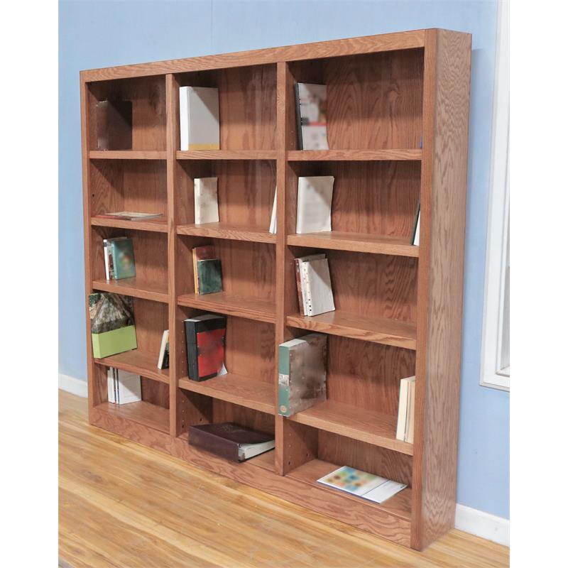 Traditional 72 Tall 15 Shelf Triple Wide Wood Bookcase In Dry Oak