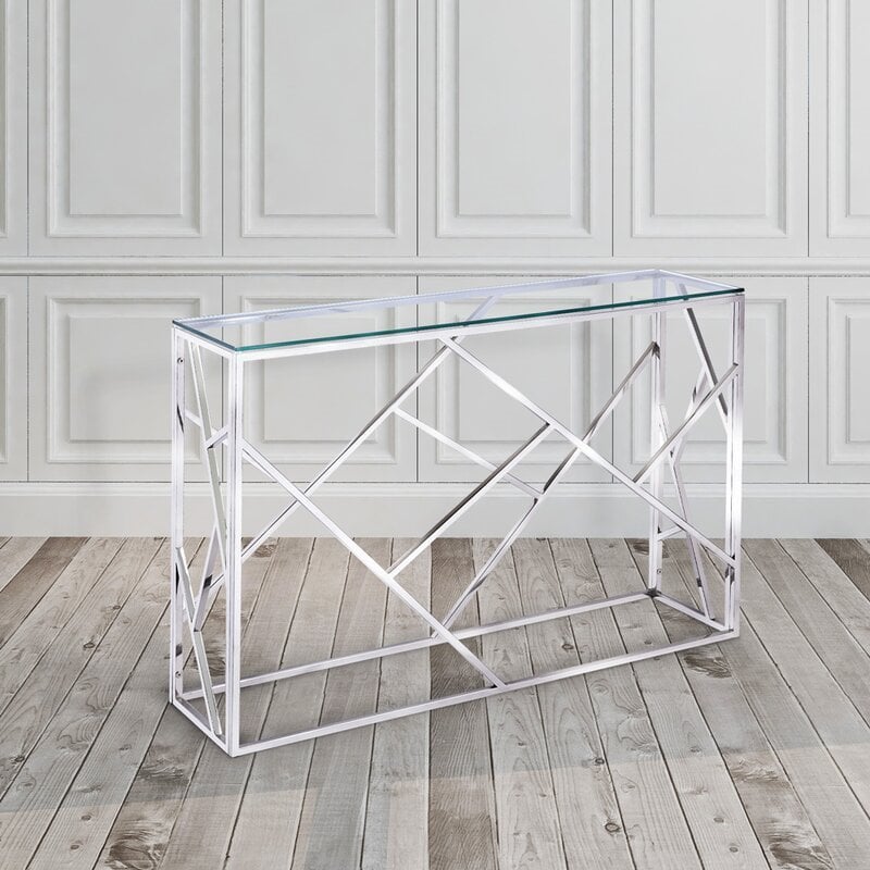 Uptown Club Calypso Transitional Glass Top Console Table in Silver
