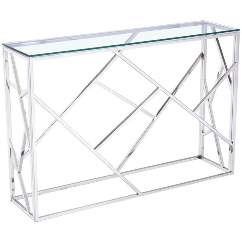 Uptown Club Calypso Transitional Glass Top Console Table in Silver