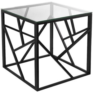 uptown club alma transitional square glass top metal end table in black