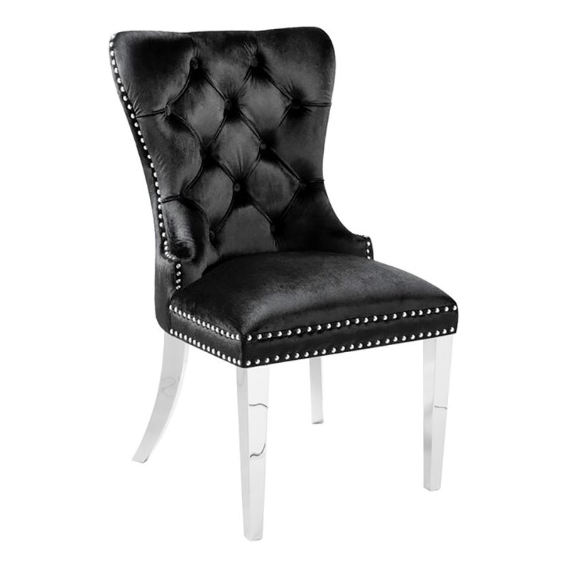 Uptown Club Tufted Upholstered Dining Chair with Nailhead Trim in Black Velvet