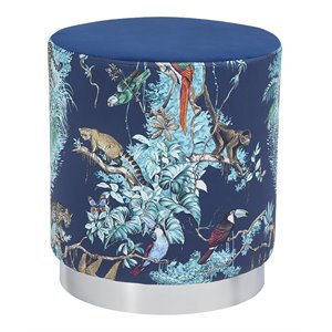 Uptown Club Fastener Modern Drum Shape Fabric Upholstered Ottoman in Jungle Blue