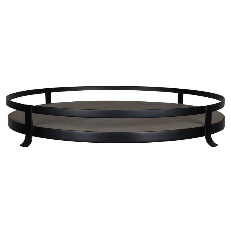 Stratton Home Decor Round Wood and Metal Tray in Black Cymax Business