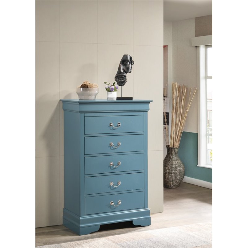 Glory Furniture Louis Phillipe 5 Drawer Chest in Teal