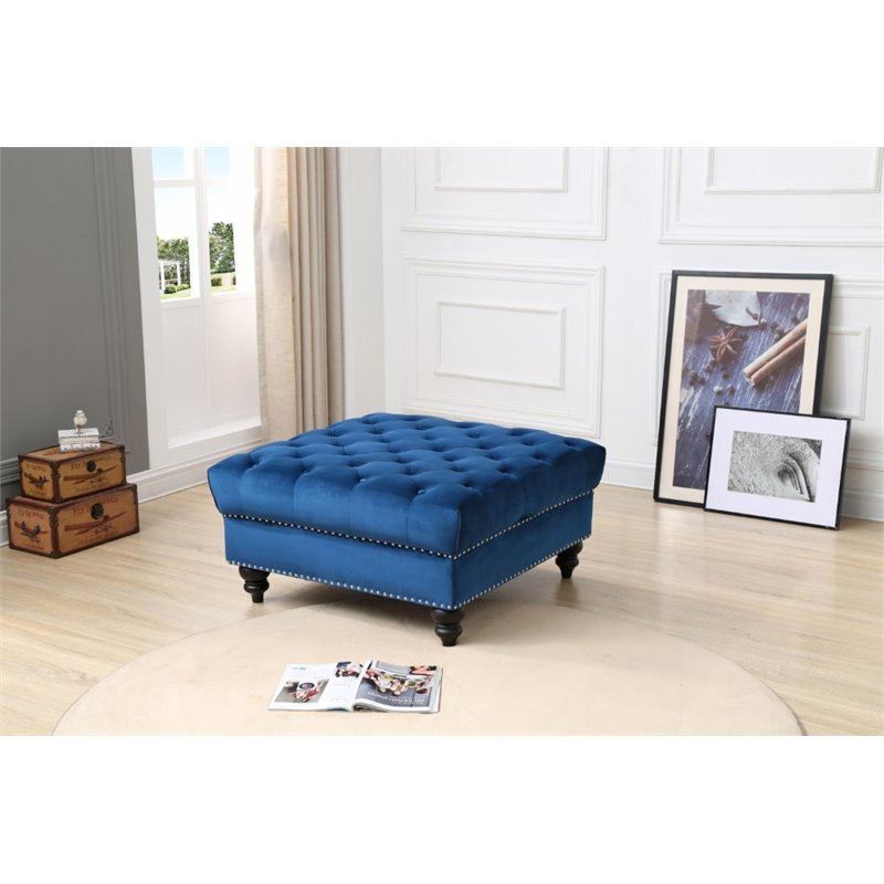 Glory Furniture Nola Velvet Ottoman in Navy Blue