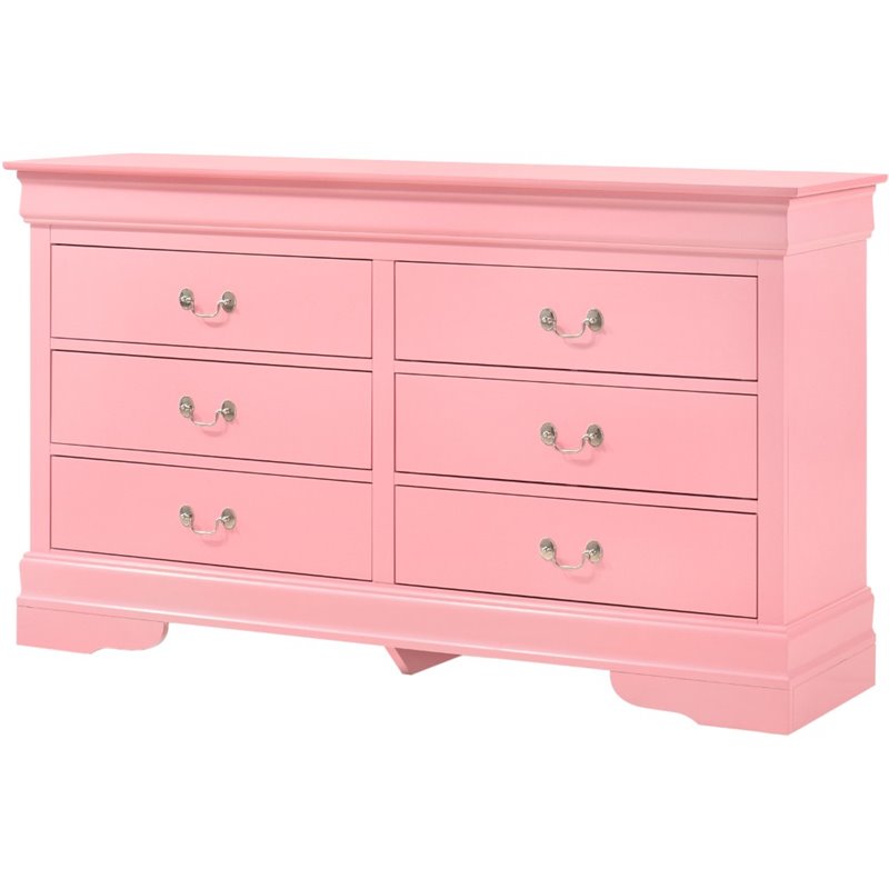 Glory Furniture Louis Phillipe 6 Drawer Dresser in Pink