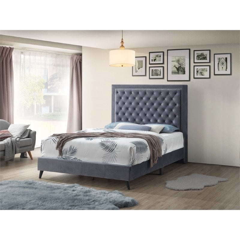 Glory Furniture Alba Velvet Upholstered Queen Bed in Gray
