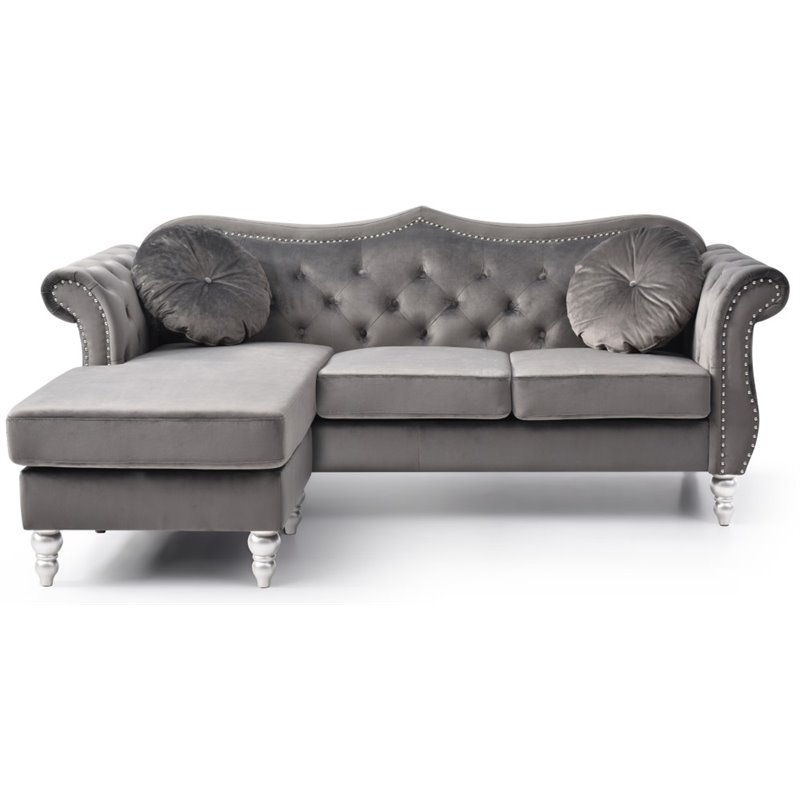 Glory Furniture Hollywood Velvet Sofa Chaise in Dark Gray