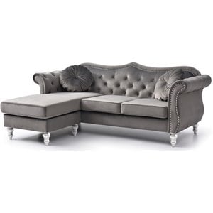 Glory Furniture Hollywood Velvet Sofa Chaise in Dark Gray