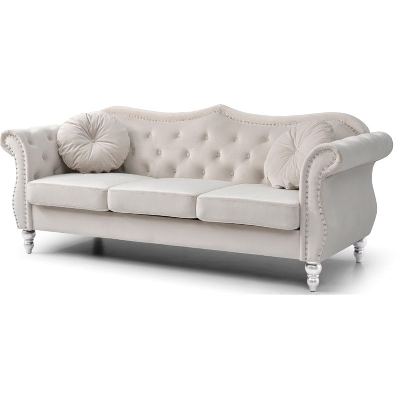 Glory Furniture Hollywood Velvet Sofa, Leather Nailhead Sofa Ivory