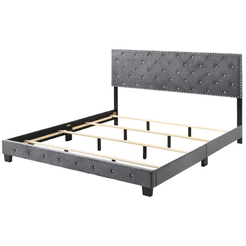 Glory Furniture Suffolk Velvet Upholstered King Bed in Gray
