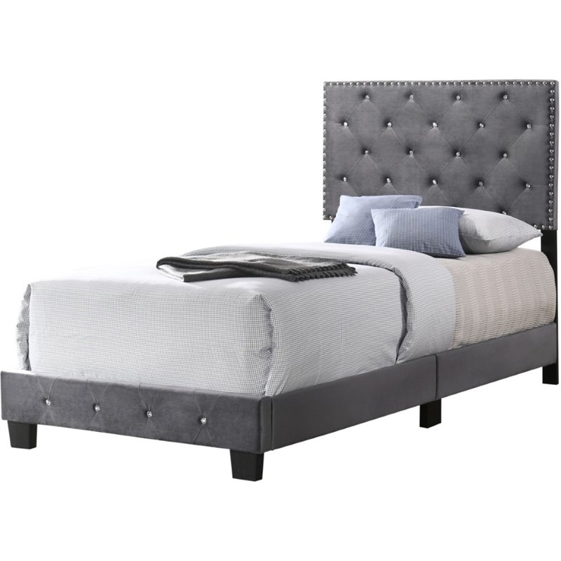 Glory Furniture Suffolk Velvet Upholstered Twin Bed in Gray