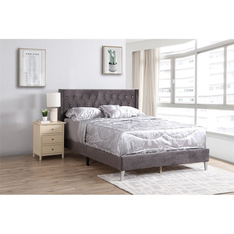 Glory Furniture Bergen Velvet Upholstered Queen Bed in Gray
