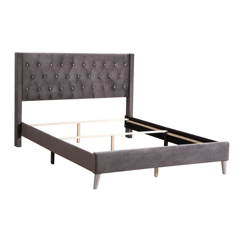 Glory Furniture Bergen Velvet Upholstered Queen Bed in Gray