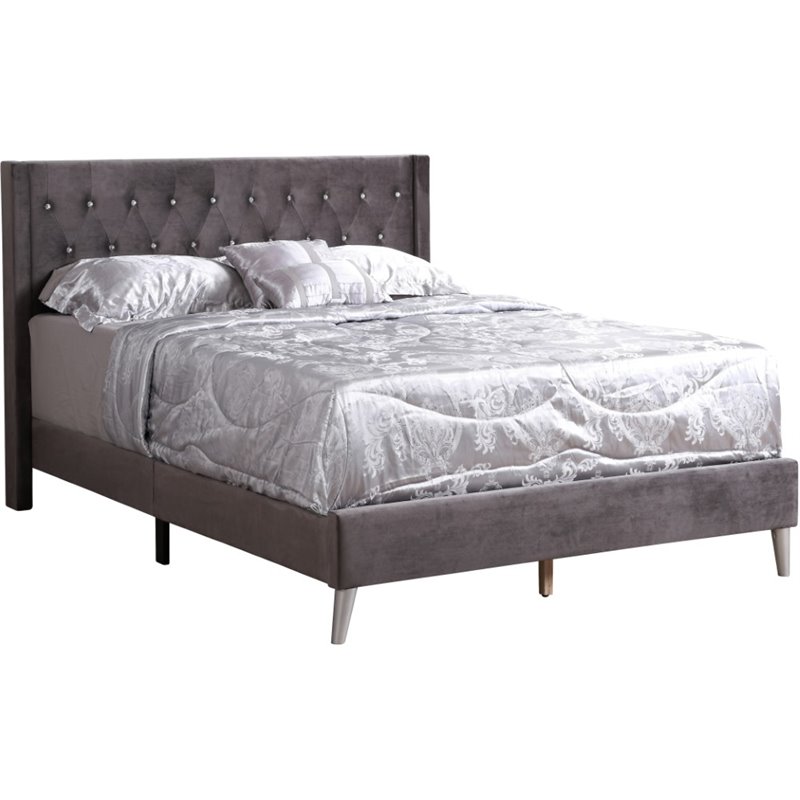 Glory Furniture Bergen Velvet Upholstered Queen Bed in Gray