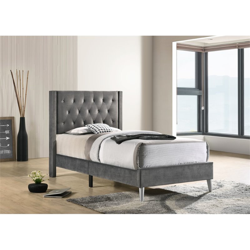 Glory Furniture Bergen Velvet Upholstered Twin Bed in Gray