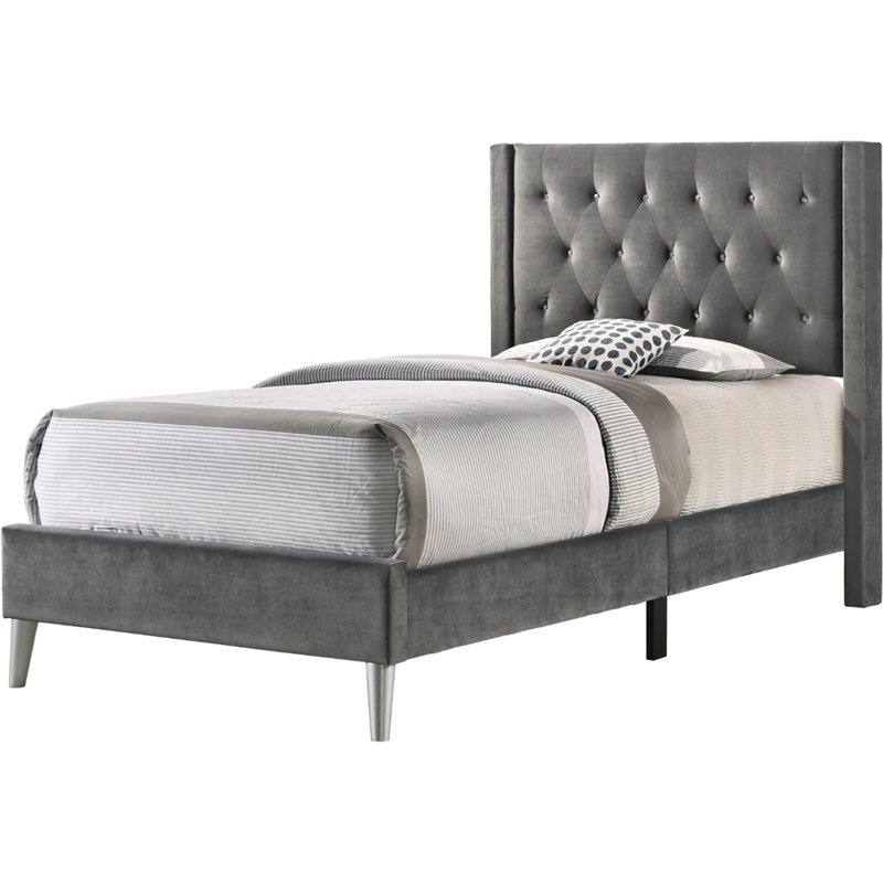 Glory Furniture Bergen Velvet Upholstered Twin Bed in Gray