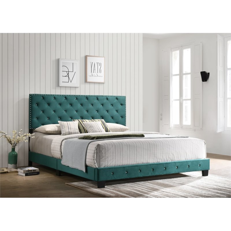 Glory Furniture Suffolk Velvet Upholstered King Bed in Green