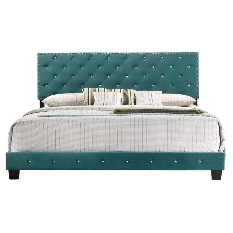 Glory Furniture Suffolk Velvet Upholstered King Bed in Green