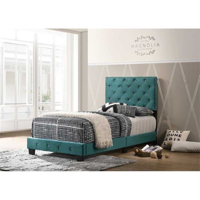 Glory Furniture Suffolk Velvet Upholstered Twin Bed in Green