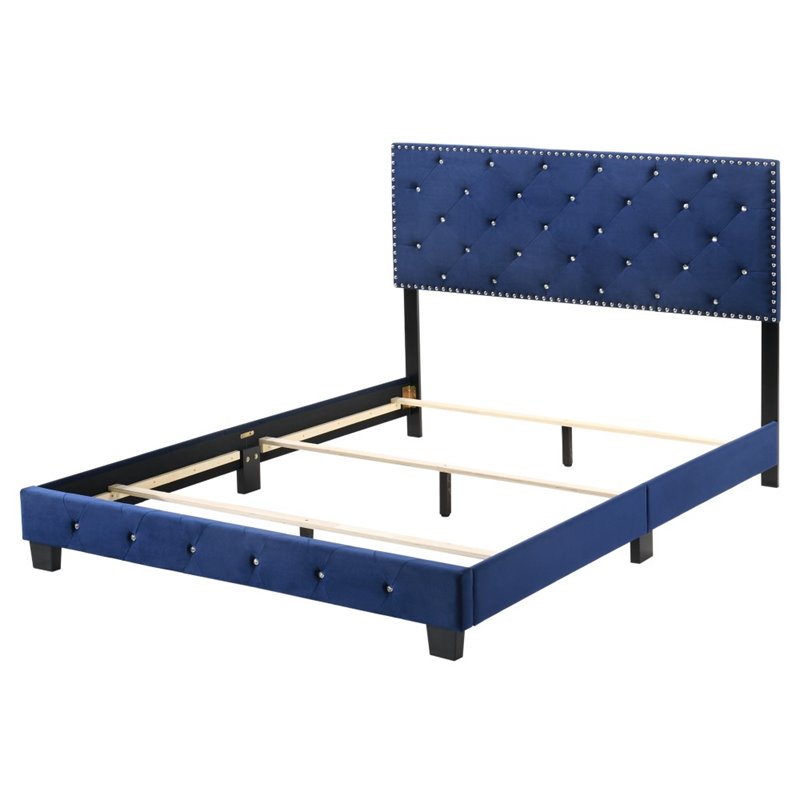 Glory Furniture Suffolk Velvet Upholstered Queen Bed in Navy Blue