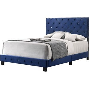 Glory Furniture Suffolk Velvet Upholstered Queen Bed in Navy Blue