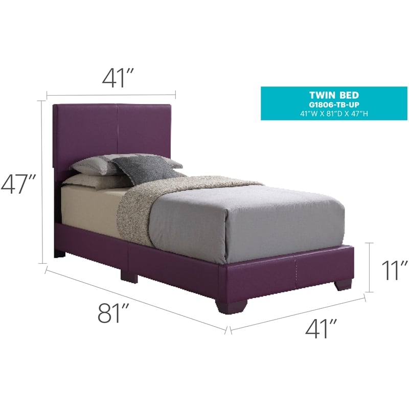 Glory Furniture Aaron Faux Leather Upholstered Twin Bed in Purple
