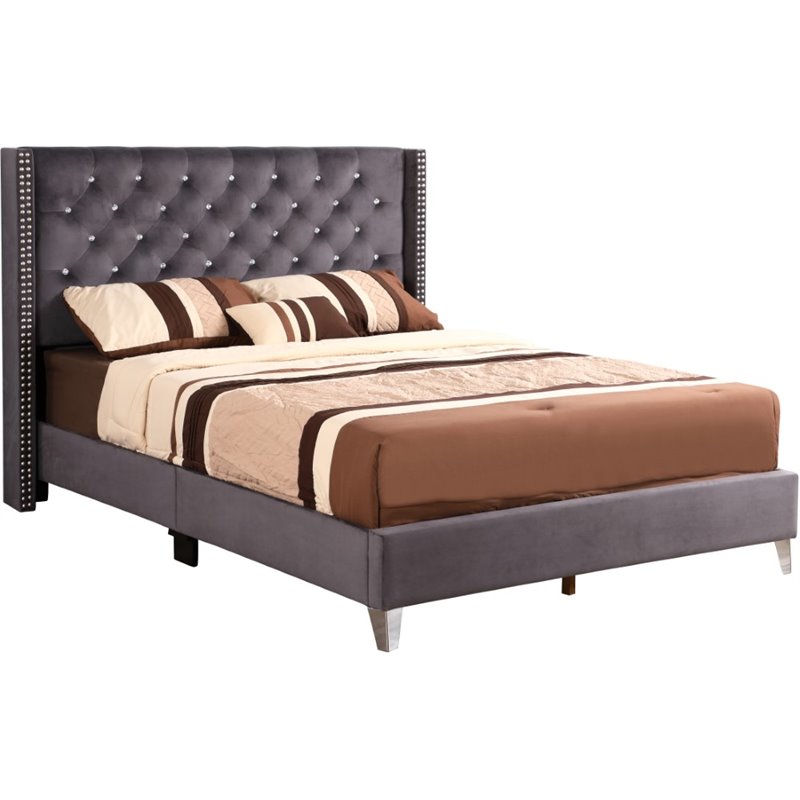Glory Furniture Julie Velvet Upholstered Full Bed in Gray