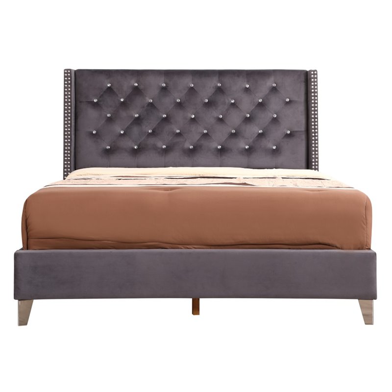 Glory Furniture Julie Velvet Upholstered Queen Bed in Gray