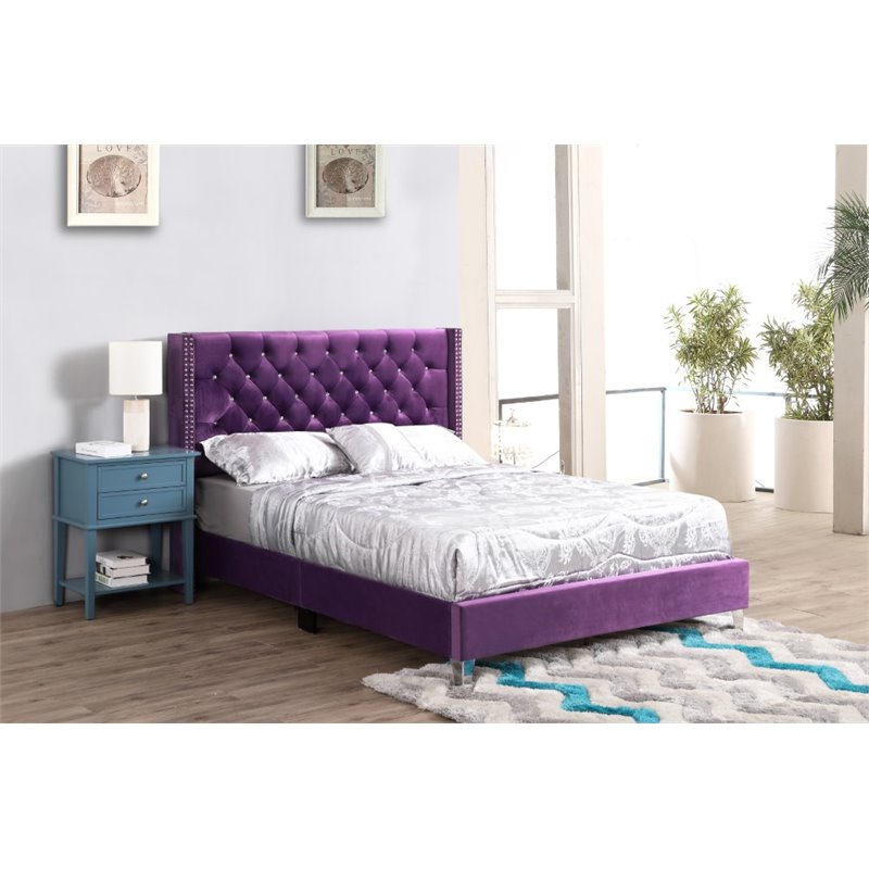 Glory Furniture Julie Velvet Upholstered Full Bed in Purple