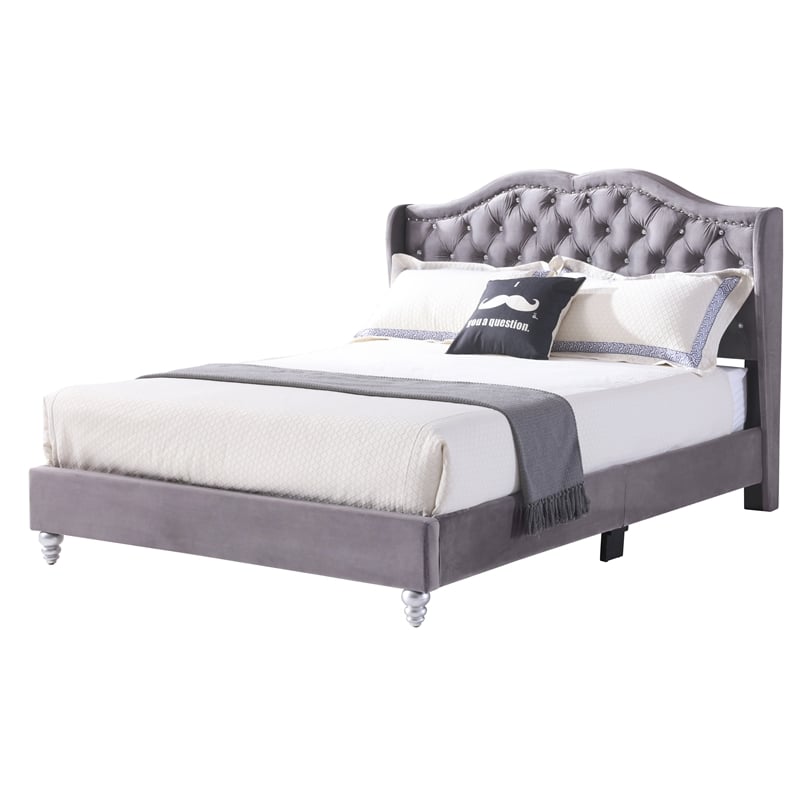 Glory Furniture Joy Velvet Upholstered Full Bed in Gray