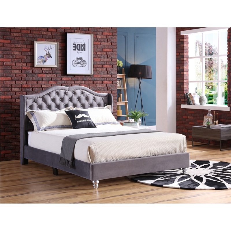 Glory Furniture Joy Velvet Upholstered Queen Bed in Gray