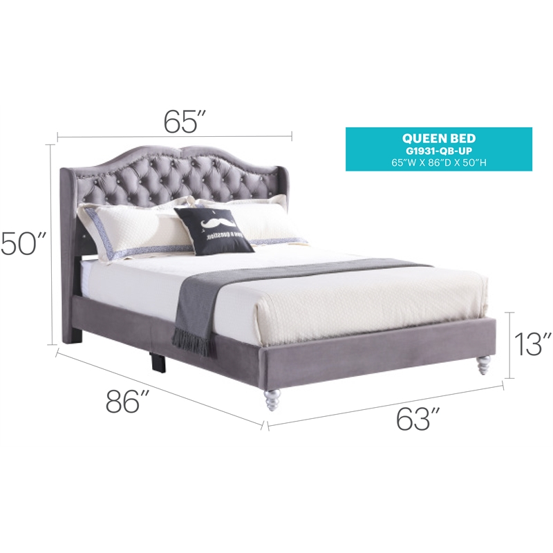 Glory Furniture Joy Velvet Upholstered Queen Bed in Gray