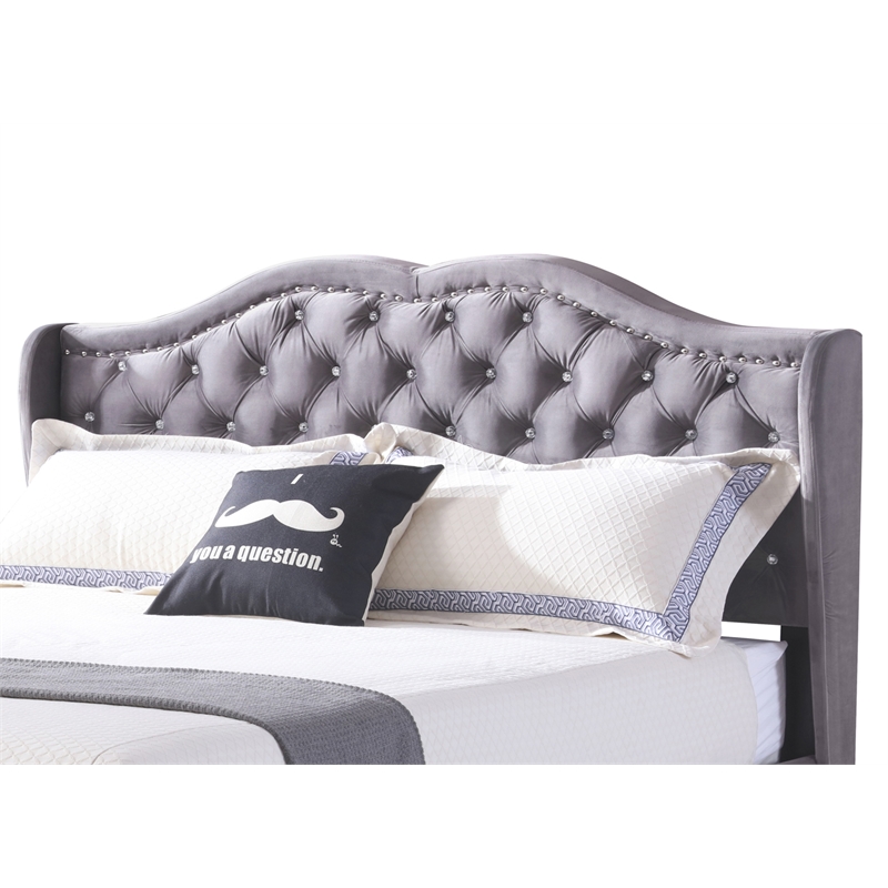 Glory Furniture Joy Velvet Upholstered Queen Bed in Gray