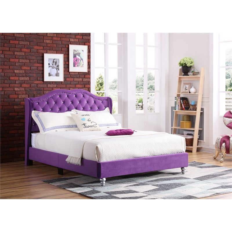 Glory Furniture Joy Velvet Upholstered Queen Bed in Purple
