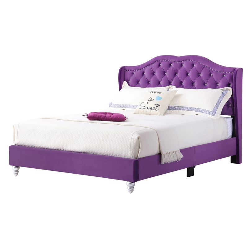 Glory Furniture Joy Velvet Upholstered Queen Bed in Purple