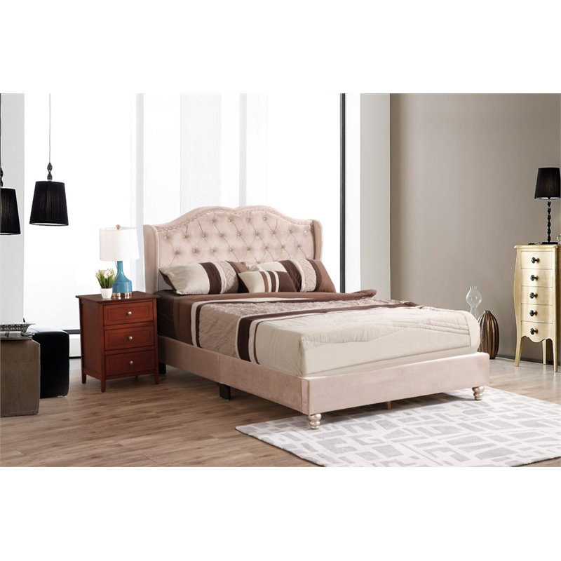 Glory Furniture Joy Velvet Upholstered Full Bed in Beige