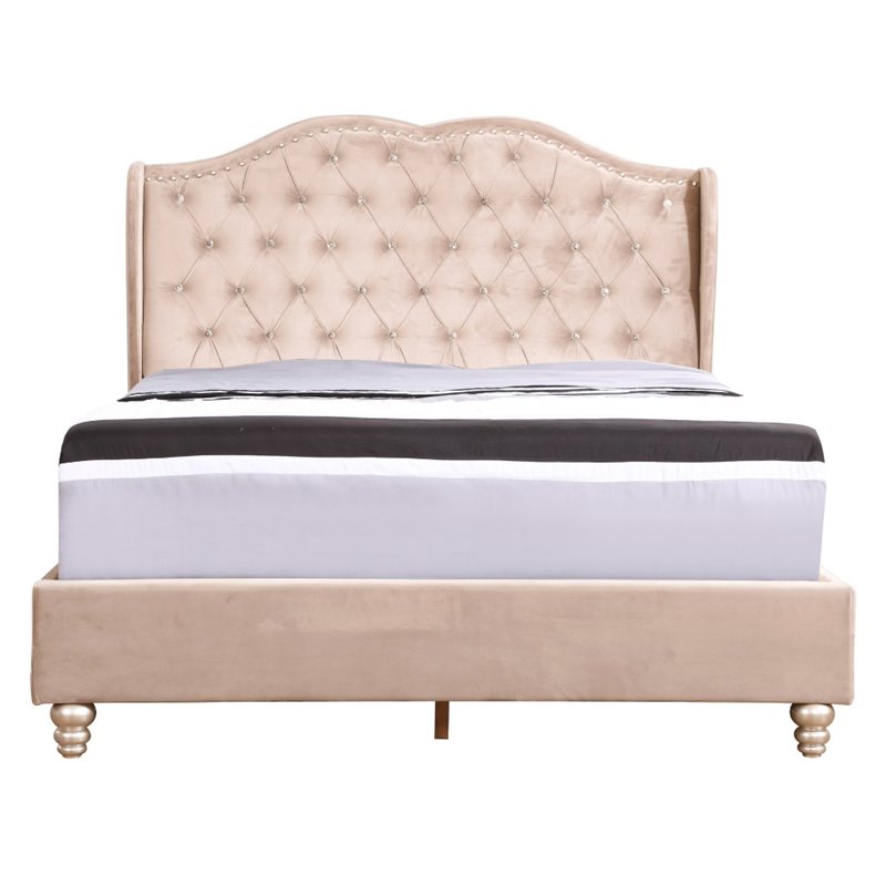 Glory Furniture Joy Velvet Upholstered Full Bed in Beige